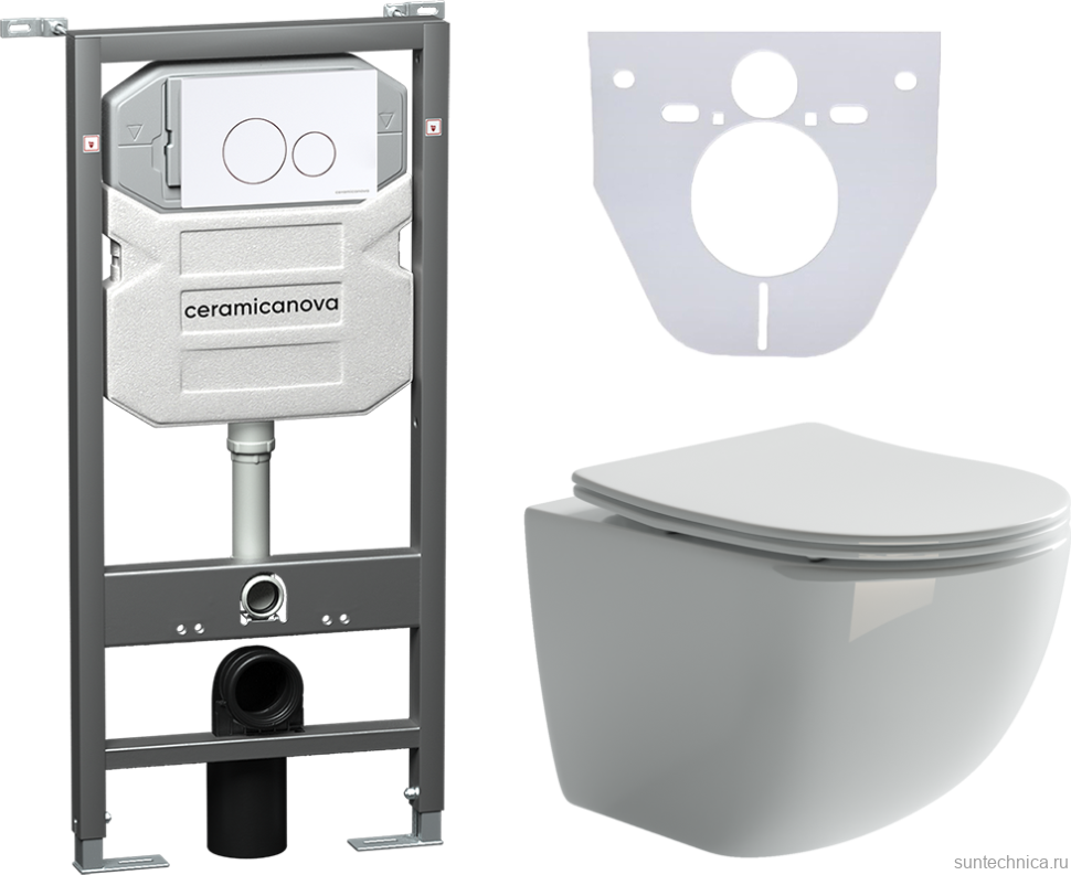 Комплект Унитаз подвесной Ceramicanova Forma CN3009 безободковый, с микролифтом + Инсталляция Envision CN1001W + Кнопка Round, белая