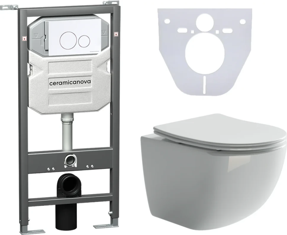 Комплект Унитаз подвесной Ceramicanova Forma CN3009 безободковый, с микролифтом + Инсталляция Envision CN1001W + Кнопка Round, белая