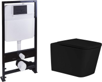 Комплект Унитаз подвесной SantiLine SL-5027MB безободковый, с микролифтом, система смыва Tornado + Инсталляция SantiLine SL-04 с черной кнопкой смыва