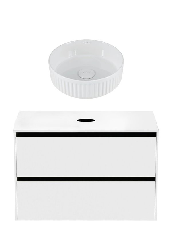 Тумба с раковиной Allen Brau Activity 90 с подсветкой, матовый белый, черный браш, столешница белая, раковина Fantasy Line 36, белая