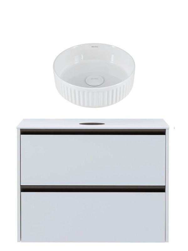 Тумба с раковиной Allen Brau Activity 90 с подсветкой, матовый белый, олива браш, столешница белая, раковина Fantasy Line 36, белая