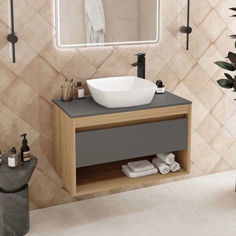 Тумба с раковиной Teymi Ritta 85 дуб эврика, матовый графит, раковина Kati 43