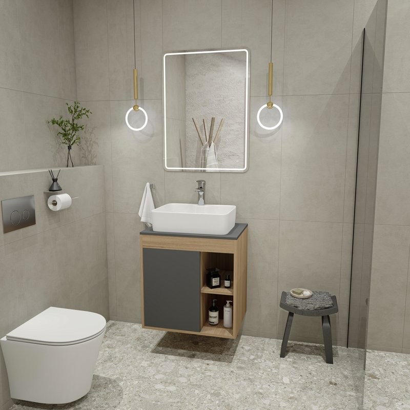 Тумба с раковиной Teymi Nura 60 дуб эврика, матовый графит, раковина Helmi S 48