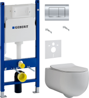 Комплект Унитаз подвесной Kerasan Flo + Крышка slim 319101 с микролифтом + Инсталляция Geberit Duofix Delta 458.163.21.1 с кнопкой смыва, хром + Звукоизоляция