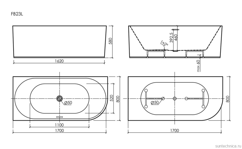 Акриловая ванна Edge 1700x800x580, угловая, левая, FB23L