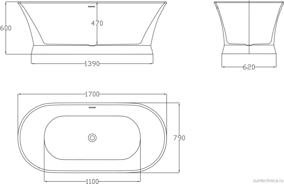 Акриловая ванна BelBagno BB402-1700-790 без опоры 170x80 см, отдельностоящая, белая, овальная, со сливом-переливом