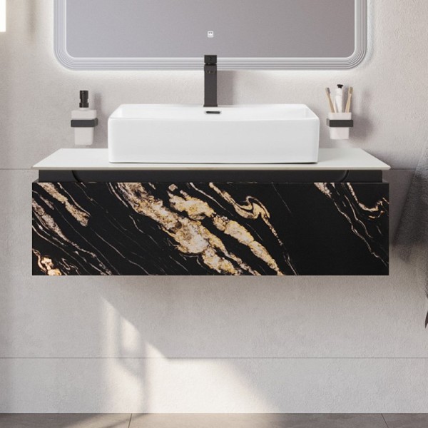 Тумба с раковиной Cezares Slider 100 подвесная, 1 ящик, черный фьюжн, со столешницей bianco opaco