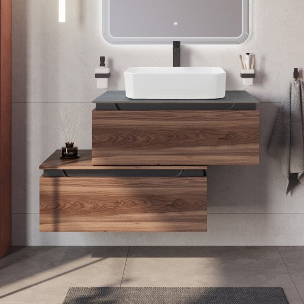 Тумба с раковиной Cezares Slider 80 подвесная, 2 ящика, дымчатый орех, со столешницей marmo nero opaco