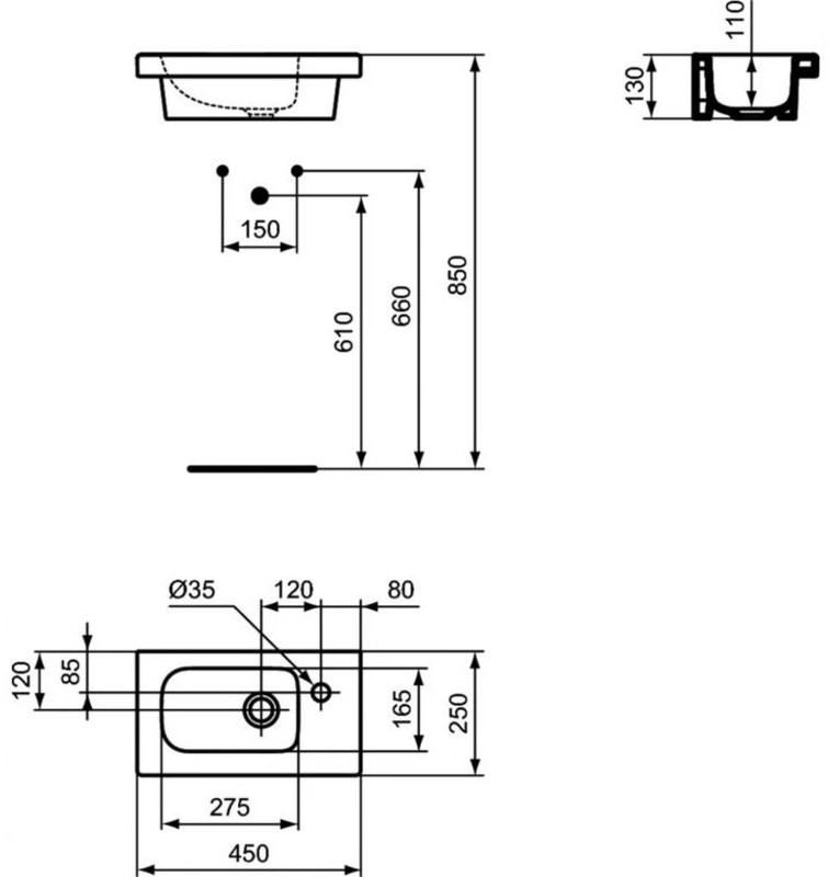 Раковина маленькая в туалет Ideal Standard Connect space 45 R матовая белая, прямоугольная, фаянс