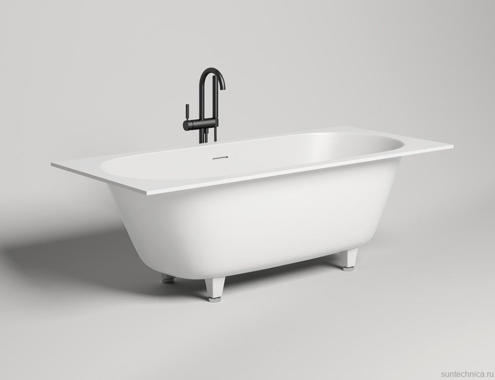 Ванна из искусственного камня Salini Ornella Axis Kit S-Stone 180x80 см, встраиваемая, матовая белая, на ножках, со сливом-переливом