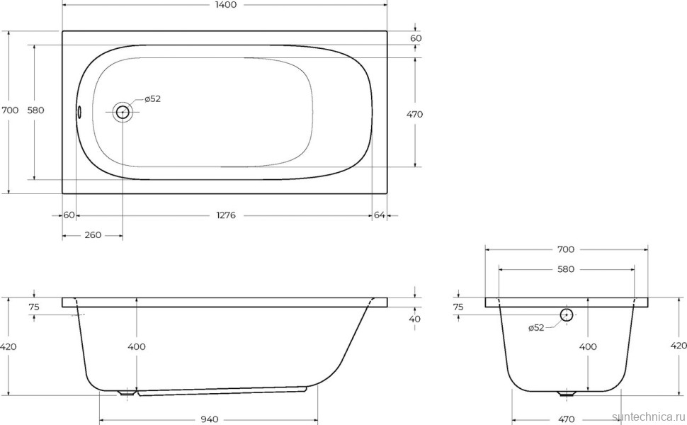 Акриловая ванна Cezares Eco 140x70 см, пристенная, белая, на ножках