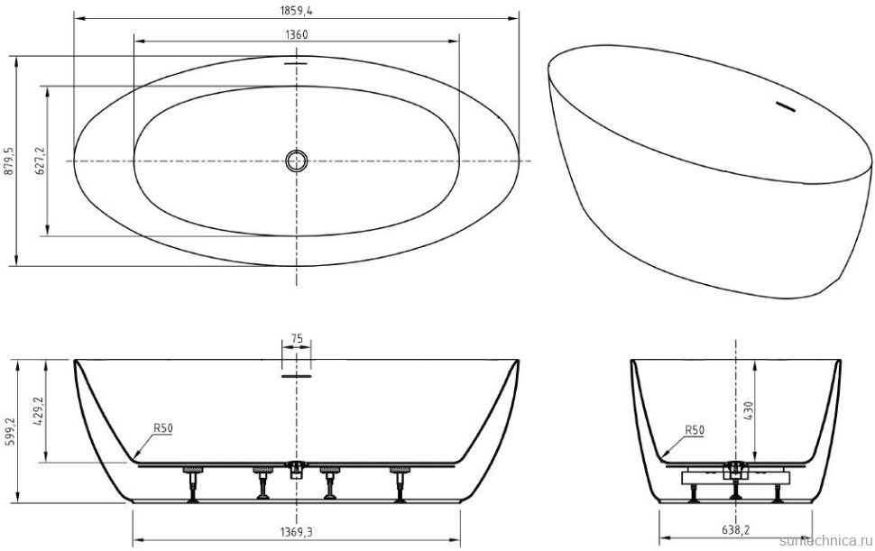 Акриловая ванна BelBagno BB707-1860-880 185x90 см, отдельностоящая, белая, овальная, на ножках, со сливом-переливом, с донным клапаном