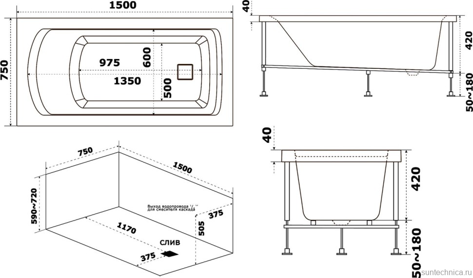 Акриловая ванна Bas Аякс 150x75 см, пристенная, белая + ремкомплект Good Door