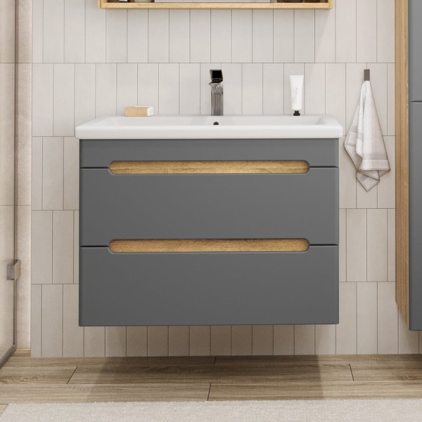 Тумба с раковиной SanStar Diva 80 подвесная, графит софт, дуб вотан, раковина Como 80