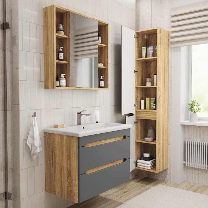 Тумба с раковиной SanStar Diva 80 подвесная, графит софт, дуб вотан, раковина Como 80