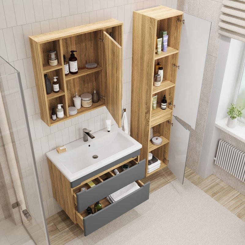 Тумба с раковиной SanStar Diva 80 подвесная, графит софт, дуб вотан, раковина Como 80