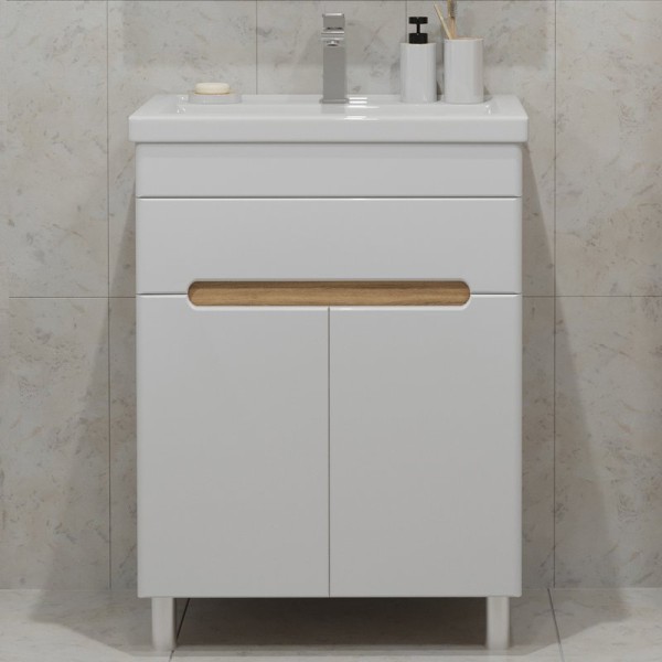 Тумба с раковиной SanStar Модена 70 напольная, глянцевая белая, дуб вотан, раковина Фостер 70