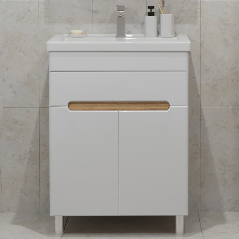 Тумба с раковиной SanStar Модена 70 напольная, глянцевая белая, дуб вотан, раковина Фостер 70