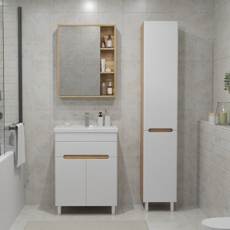 Тумба с раковиной SanStar Модена 70 напольная, глянцевая белая, дуб вотан, раковина Фостер 70