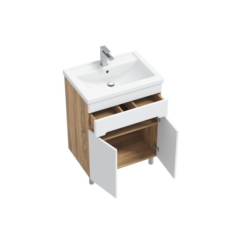 Тумба с раковиной SanStar Модена 70 напольная, глянцевая белая, дуб вотан, раковина Фостер 70