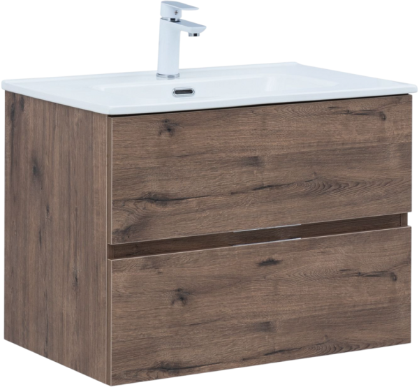 Тумба с раковиной Aquanet Алвита New 70 подвесная, дуб веллингтон табак, 2 ящика