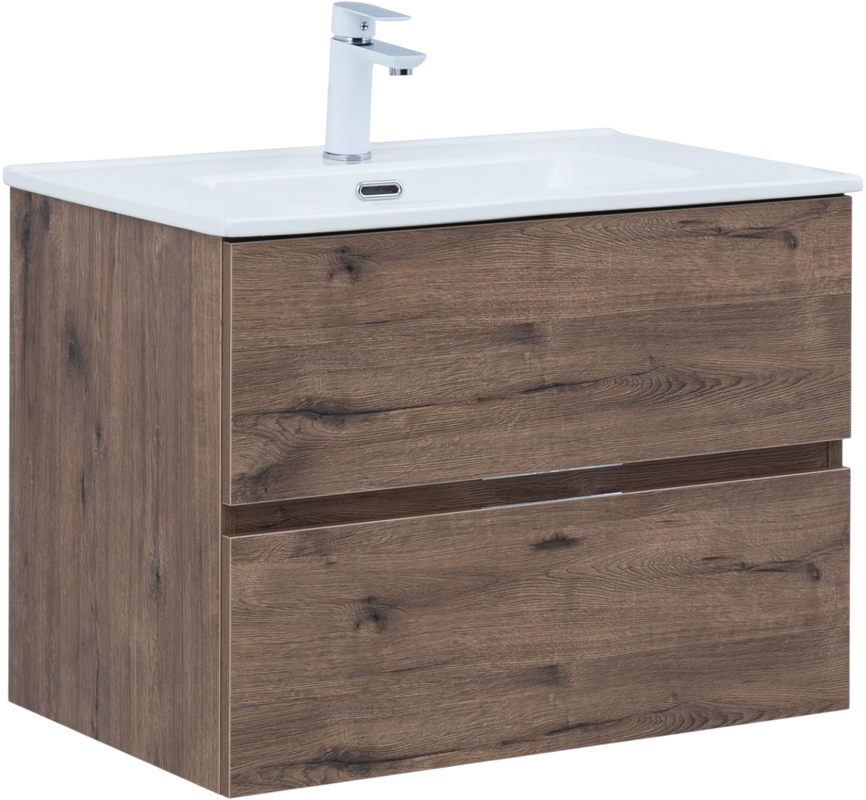Тумба с раковиной Aquanet Алвита New 70 подвесная, дуб веллингтон табак, 2 ящика