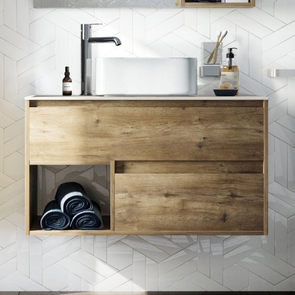 Тумба под раковину со столешницей STWORKI Карлстад 90 дуб рустикальный, простоун беж, с отверстием для смесителя