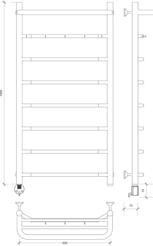 Полотенцесушитель электрический Secado Агата 1 КСП 105x55 см, подключение слева, глянцевый хром, лесенка, с полкой