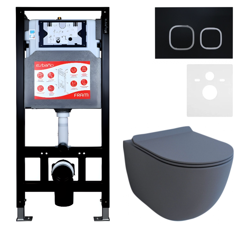 Комплект Унитаз подвесной Esbano Garcia ESUPGARCGM матовый серый + Инсталляция Fram + Кнопка ESINLPS10MB