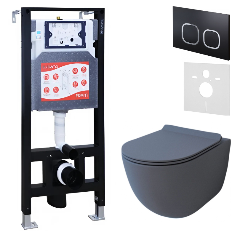 Комплект Унитаз подвесной Esbano Garcia ESUPGARCGM матовый серый + Инсталляция Fram + Кнопка ESINLPS10MB