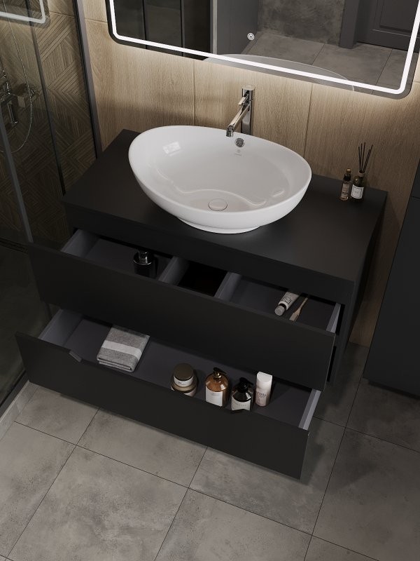 Мебель для ванной комнаты Orange Line 100 подвесная, 2 ящика, матовая черная с раковиной B08-585w