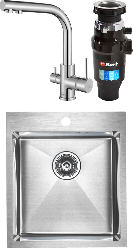 Комплект Мойка Paulmark Kroner PM214551-BS брашированная нержавеющая сталь + Смеситель Essen 213011-СR хром + Измельчитель Bort Master Eco