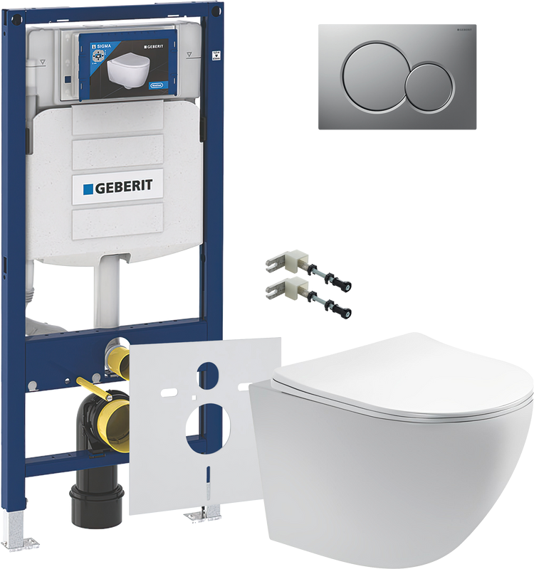 Комплект Унитаз подвесной AQUATEK Европа AQ1900-00 безободковый + Крепления Geberit Duofix 111.815.00.1 к стене + Звукоизоляция + Инсталляция UP 320 111.300.00.5 + Кнопка Sigma 01 115.770.JQ.5 лакированная, матовый хром