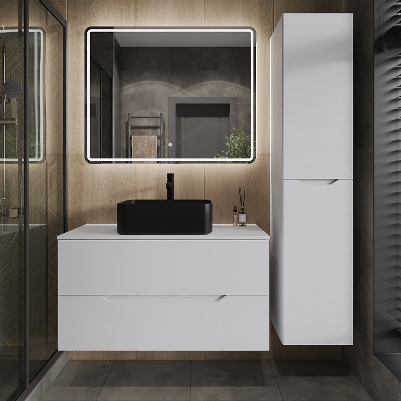 Тумба под раковину со столешницей Orange Line 100 подвесная, 2 ящика, матовая белая