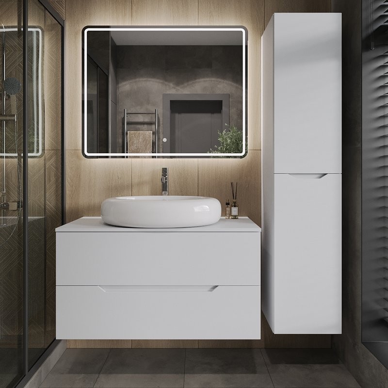 Тумба под раковину со столешницей Orange Line 100 подвесная, 2 ящика, матовая белая