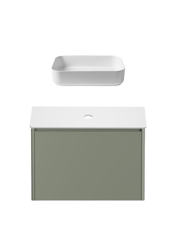 Тумба с раковиной Allen Brau Gravity 80 1 ящик, матовая олива, столешница белая, раковина Fantasy Quad 50, белая