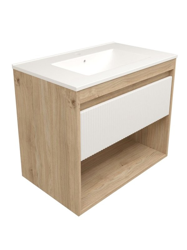 Тумба с раковиной Teymi Vitra 80 дуб, белая волна