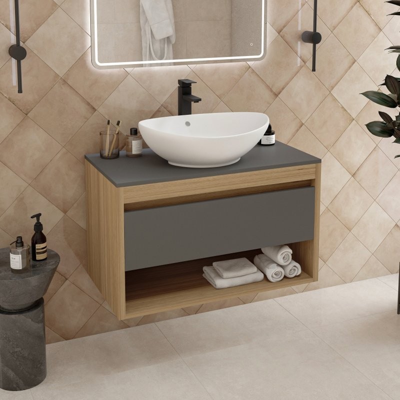 Тумба с раковиной Teymi Ritta 85 дуб эврика, матовый графит, раковина Lori 60