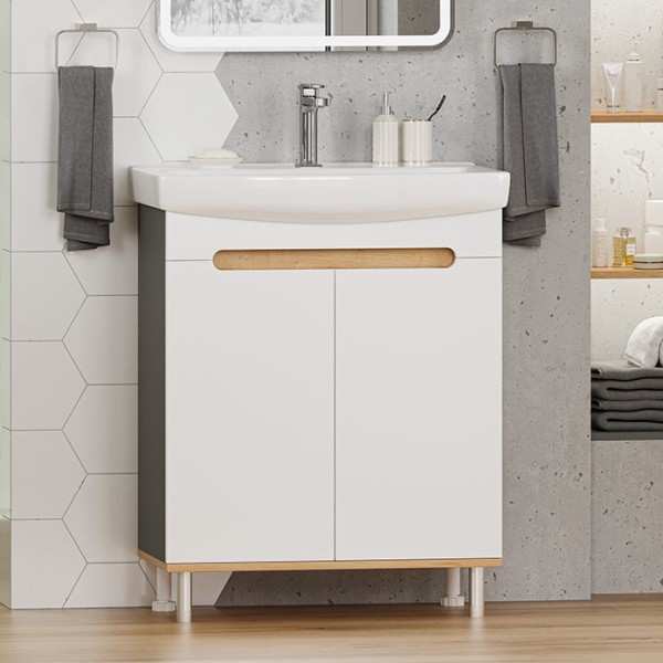 Тумба с раковиной Misty Сканди 70 напольная, белая, дуб крафт золотой, антрацит