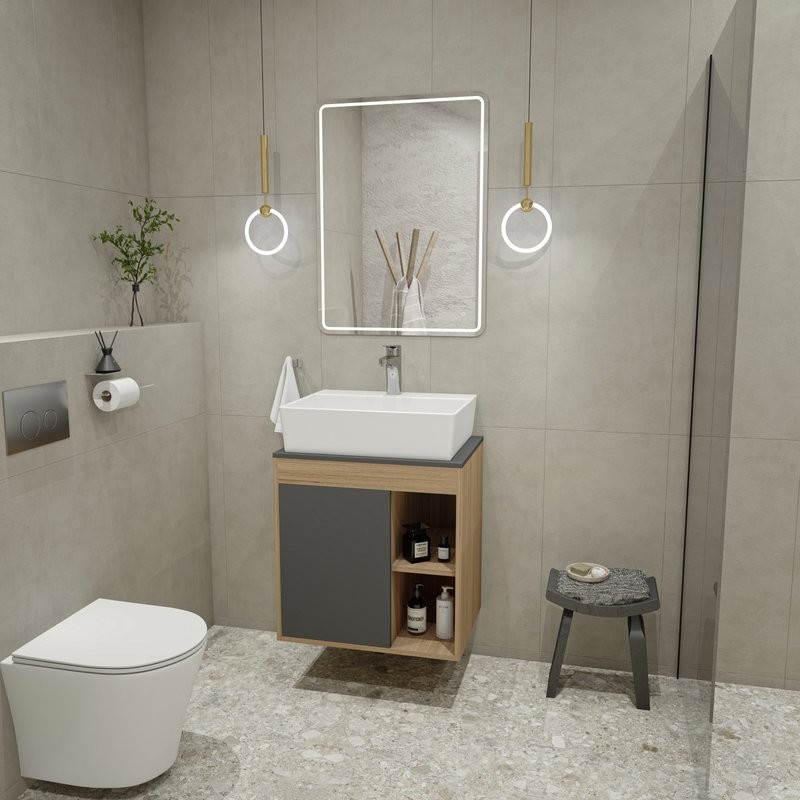 Тумба с раковиной Teymi Nura 60 дуб эврика, матовый графит, раковина Aina 56