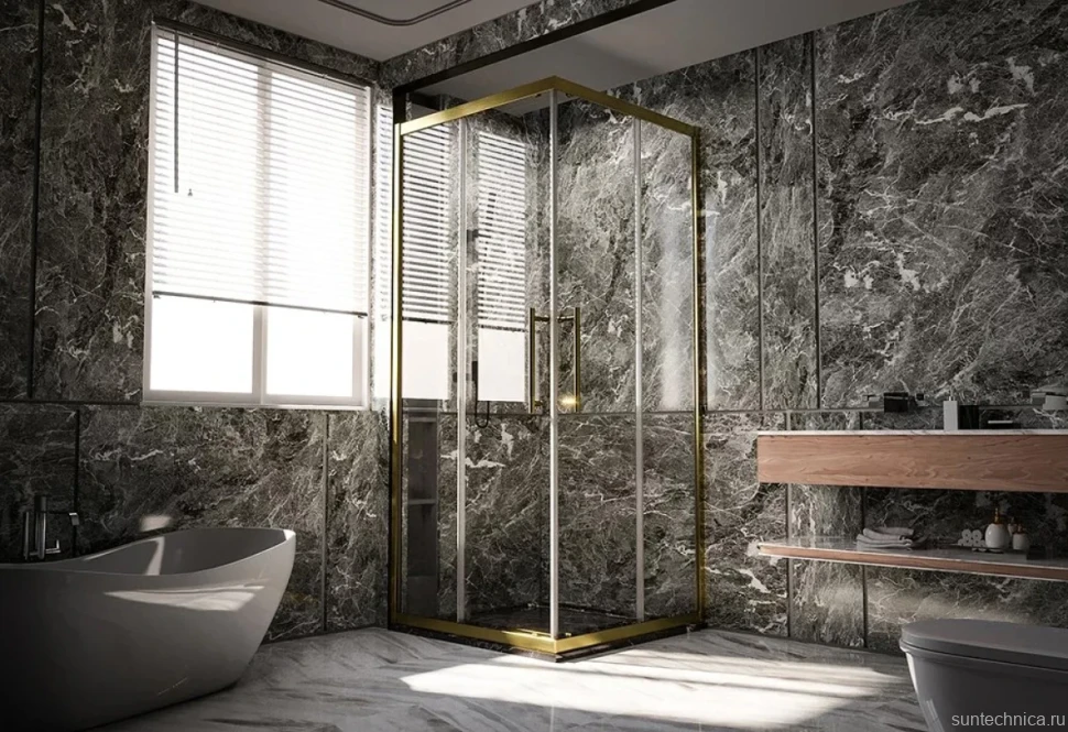 Душевой уголок Veconi Premium Trento PTC-20G 100x80, профиль брашированное золото, стекло прозрачное