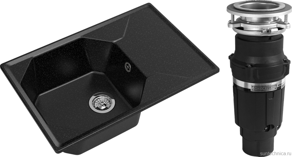 Комплект Мойка GranFest Unique GF-U-740L черная + Измельчитель Bone Crusher BC 610-AS
