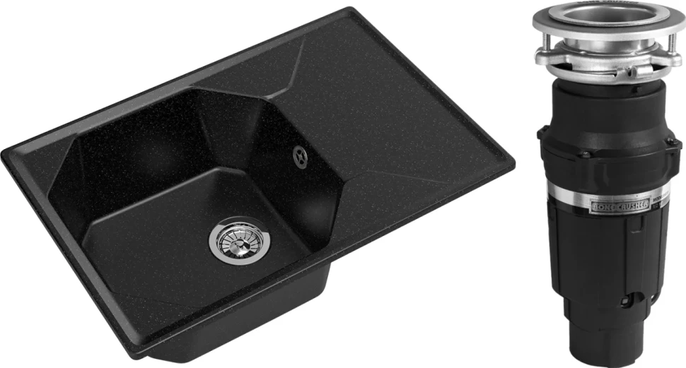Комплект Мойка GranFest Unique GF-U-740L черная + Измельчитель Bone Crusher BC 610-AS