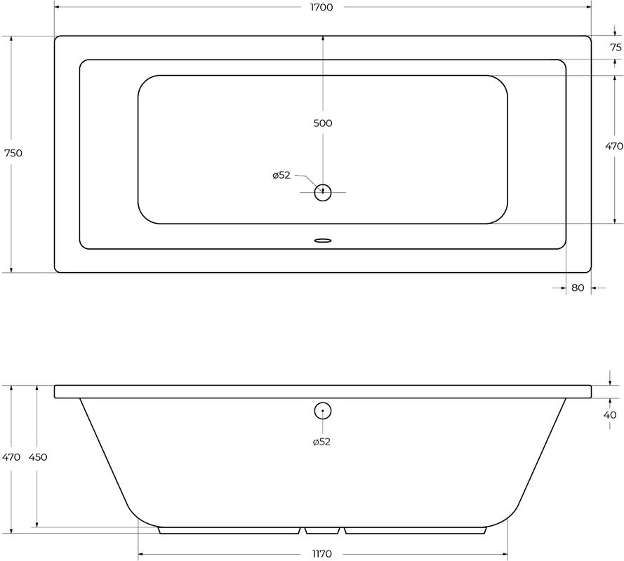 Акриловая ванна Cezares Plane 170x75 см, пристенная, белая, на ножках