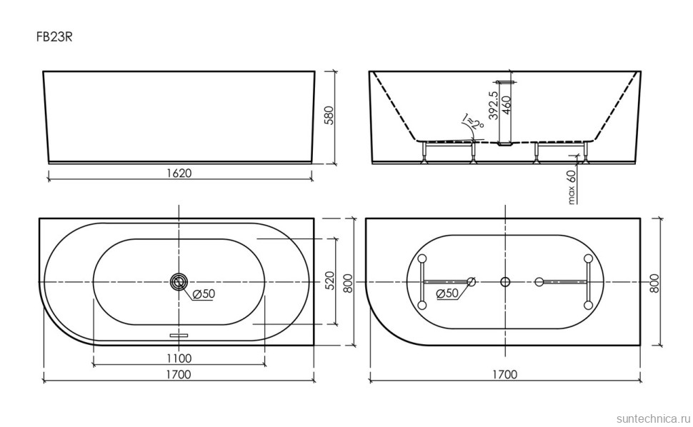 Акриловая ванна Edge 1700x800x580, угловая, правая, FB23R