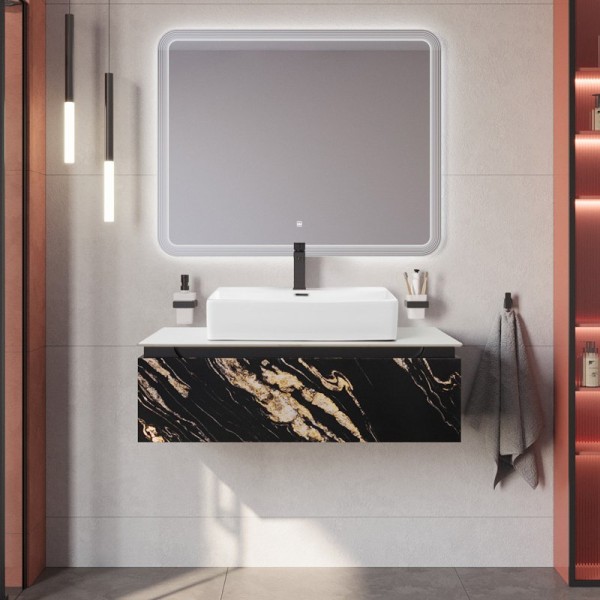 Мебель для ванной комнаты Cezares Slider 100 подвесная, 1 ящик, черный фьюжн, со столешницей bianco opaco