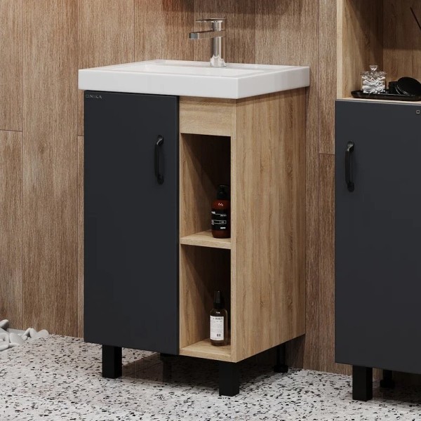 Тумба с раковиной Onika Тимбер 50 напольная, серая матовая, дуб сонома