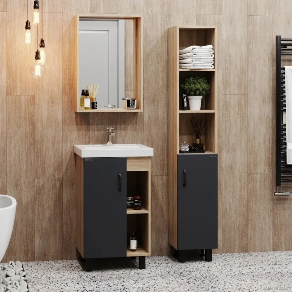 Тумба с раковиной Onika Тимбер 50 напольная, серая матовая, дуб сонома
