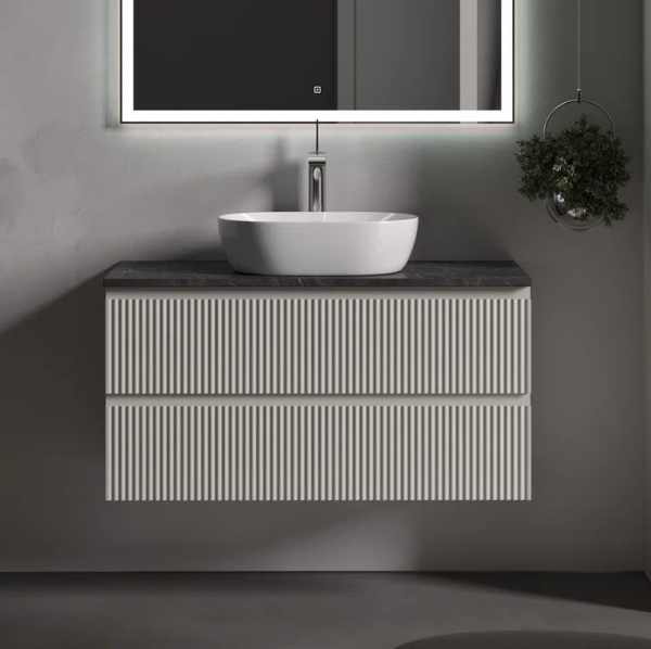 Тумба под раковину со столешницей Sancos Snob R 100 beige soft, столешница черный мрамор, с отв. под смеситель