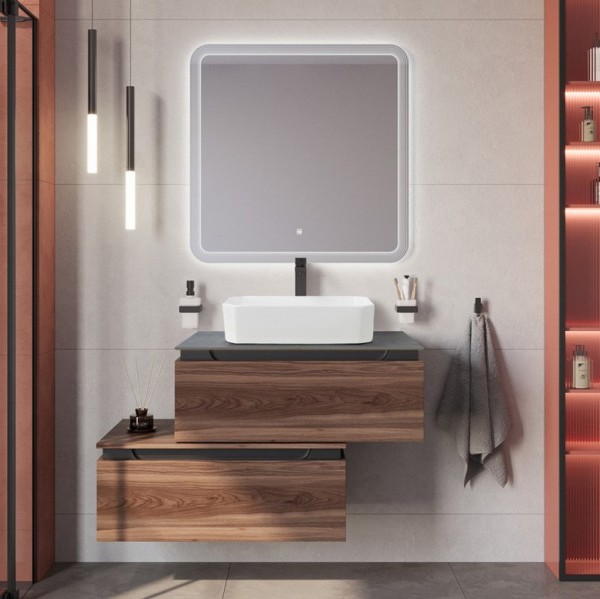 Мебель для ванной комнаты Cezares Slider 80 подвесная, 2 ящика, дымчатый орех, со столешницей marmo nero opaco